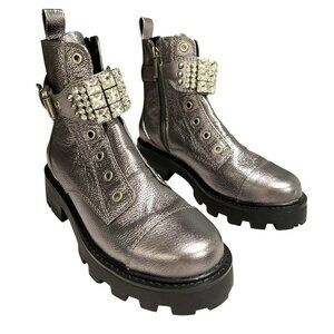 Karl Lagerfeld Maeva Embellished Buckled Zip Booties In Silver Sz 6 NEW
